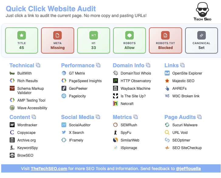 Quick Click Website Audit Extension Interface